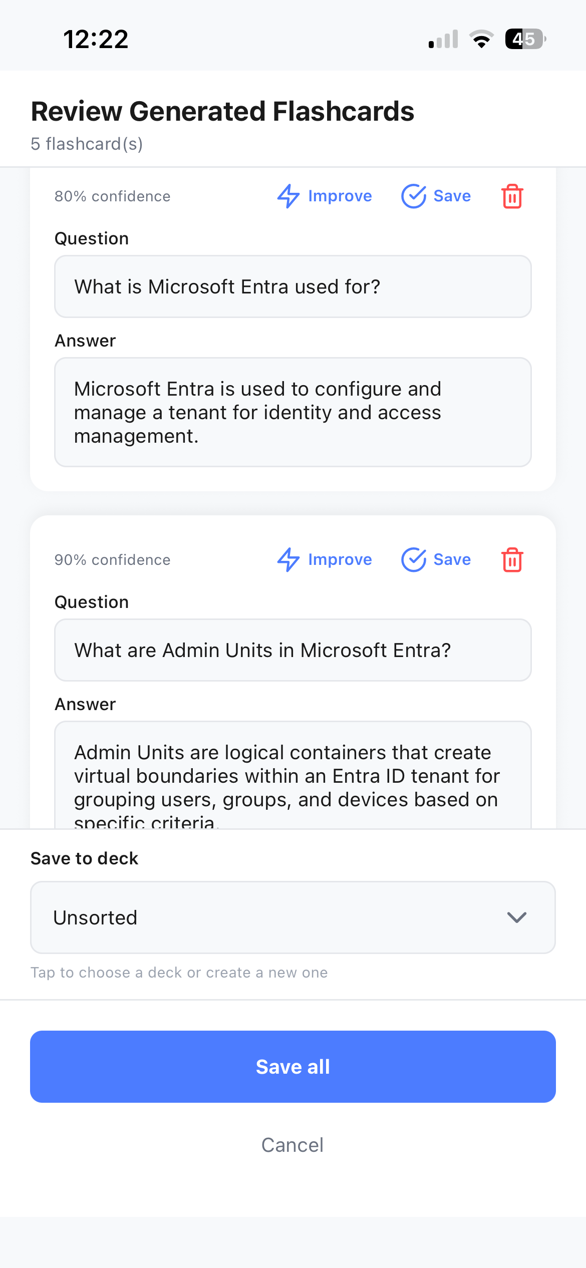 MemoryTrap screen showing AI-generated flashcards ready to review and save